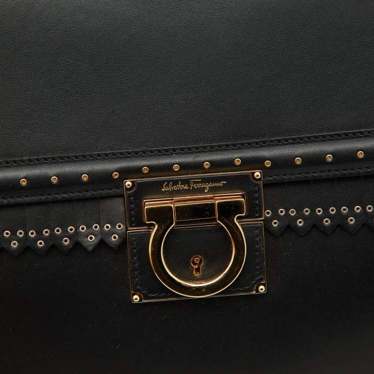 Pre Owned Salvatore Ferragamo Black Grommets Leather Marisol Top Handle Bag