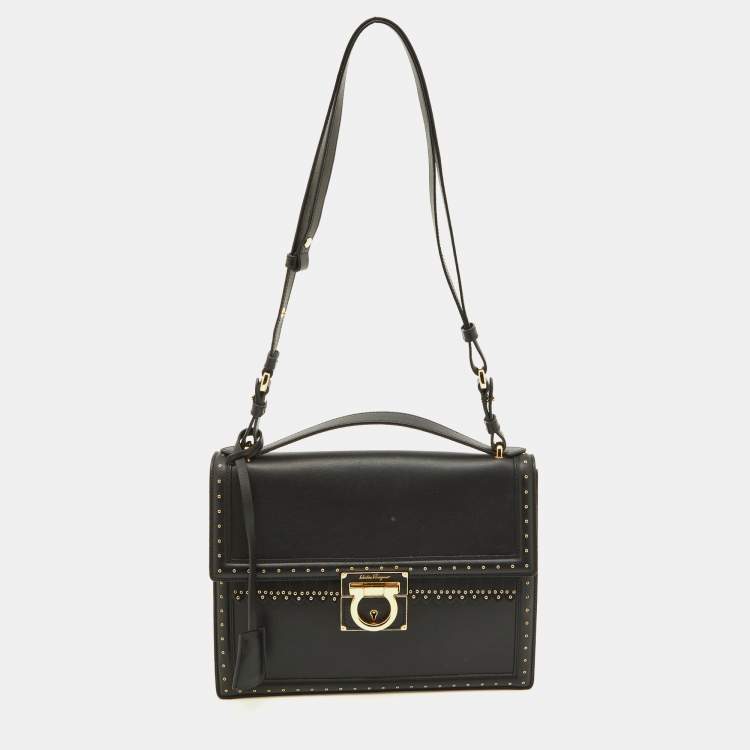 Pre Owned Salvatore Ferragamo Black Grommets Leather Marisol Top Handle Bag