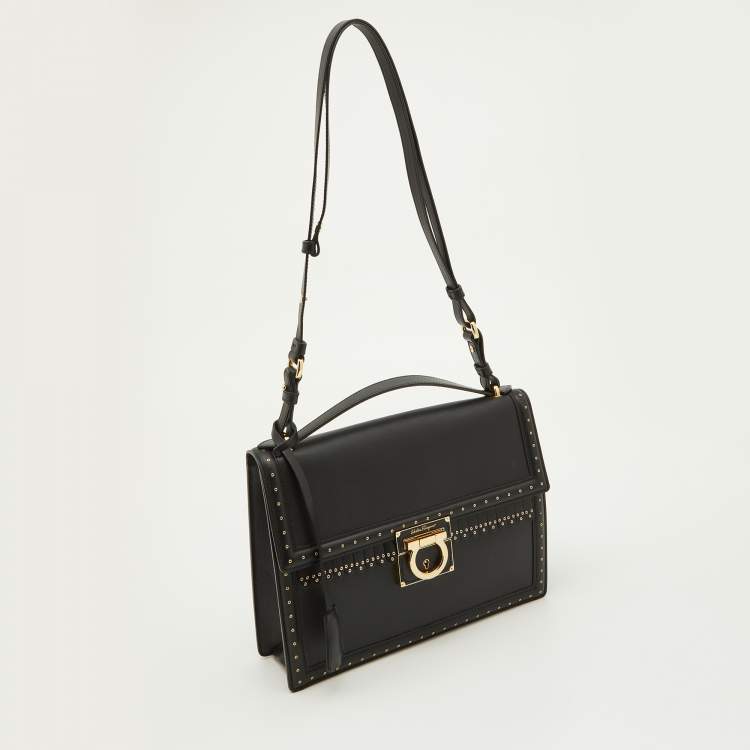 Pre Owned Salvatore Ferragamo Black Grommets Leather Marisol Top Handle Bag