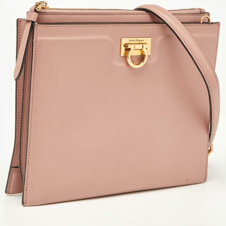 Pre Owned Salvatore Ferragamo Pink Leather Trifolio Crossbody Bag