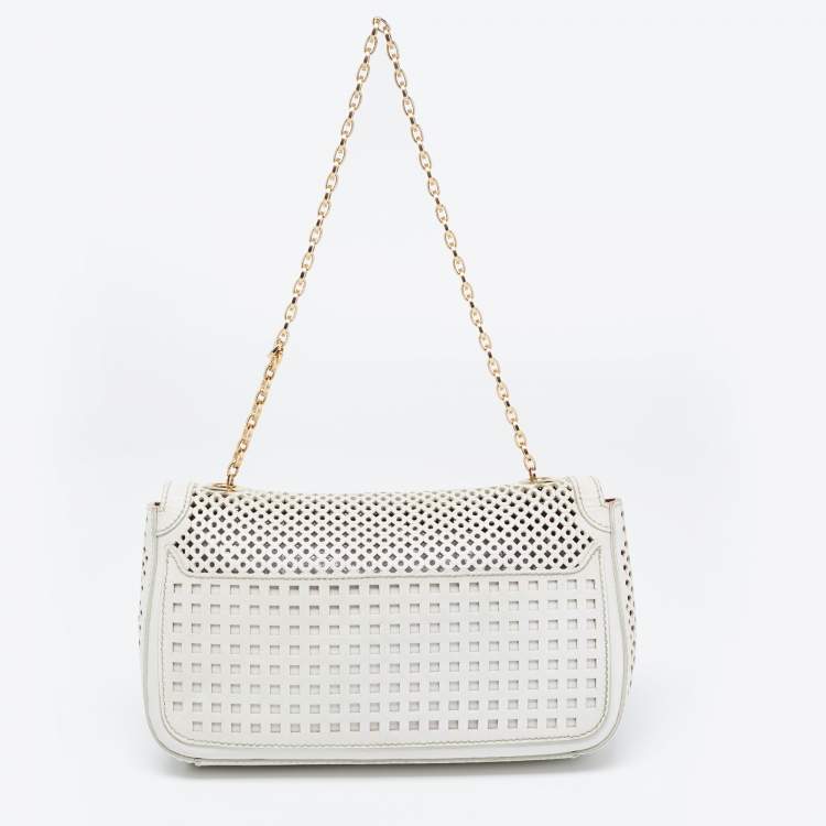 Pre Owned Salvatore Ferragamo Off White Leather Perforated Shoulder bag