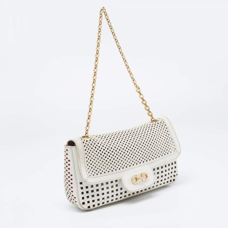Pre Owned Salvatore Ferragamo Off White Leather Perforated Shoulder bag