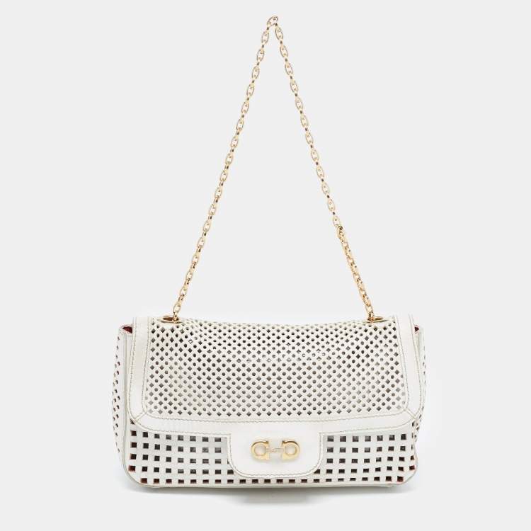 Pre Owned Salvatore Ferragamo Off White Leather Perforated Shoulder bag
