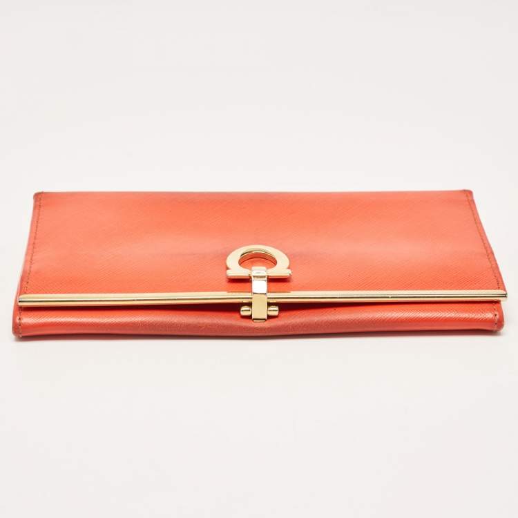 Pre Owned Salvatore Ferragamo Orange Leather Gancini Icona Continental Wallet