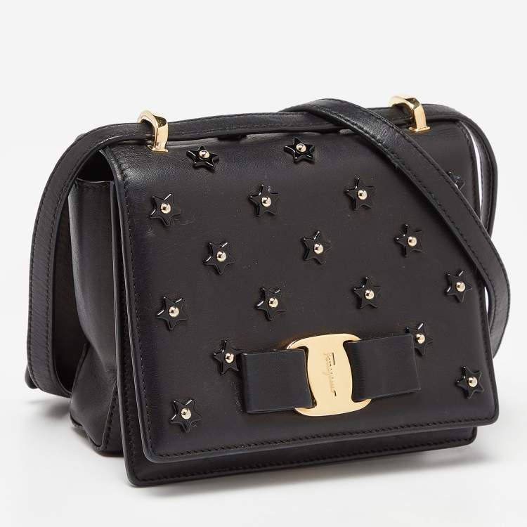 Pre Owned Salvatore Ferragamo Black Leather Vara Bow Embellished Crossbody Bag