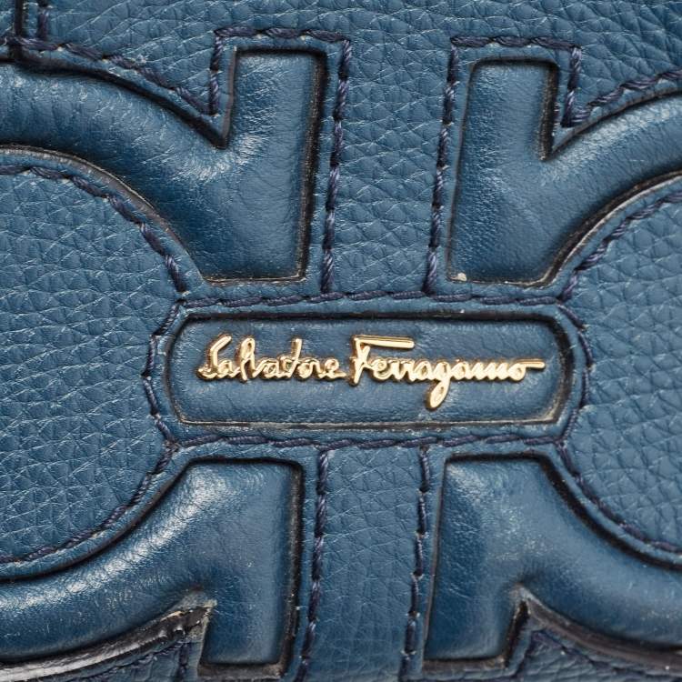 Pre Owned Salvatore Ferragamo Teal Blue Leather Gancini Tote
