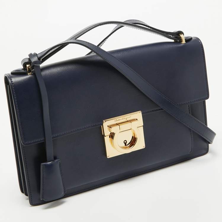 Pre Owned Salvatore Ferragamo Navy Blue Leather Aileen Shoulder Bag