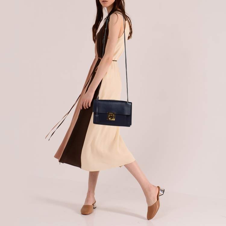 Pre Owned Salvatore Ferragamo Navy Blue Leather Aileen Shoulder Bag