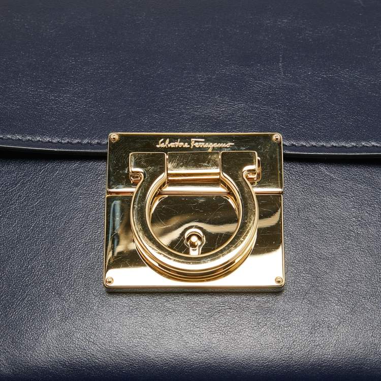 Pre Owned Salvatore Ferragamo Navy Blue Leather Aileen Shoulder Bag