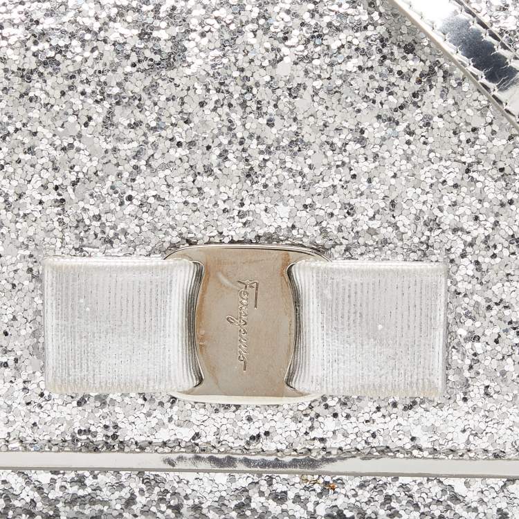 Pre Owned Salvatore Ferragamo Silver Glitter and Laminated Leather Top Handle Bag