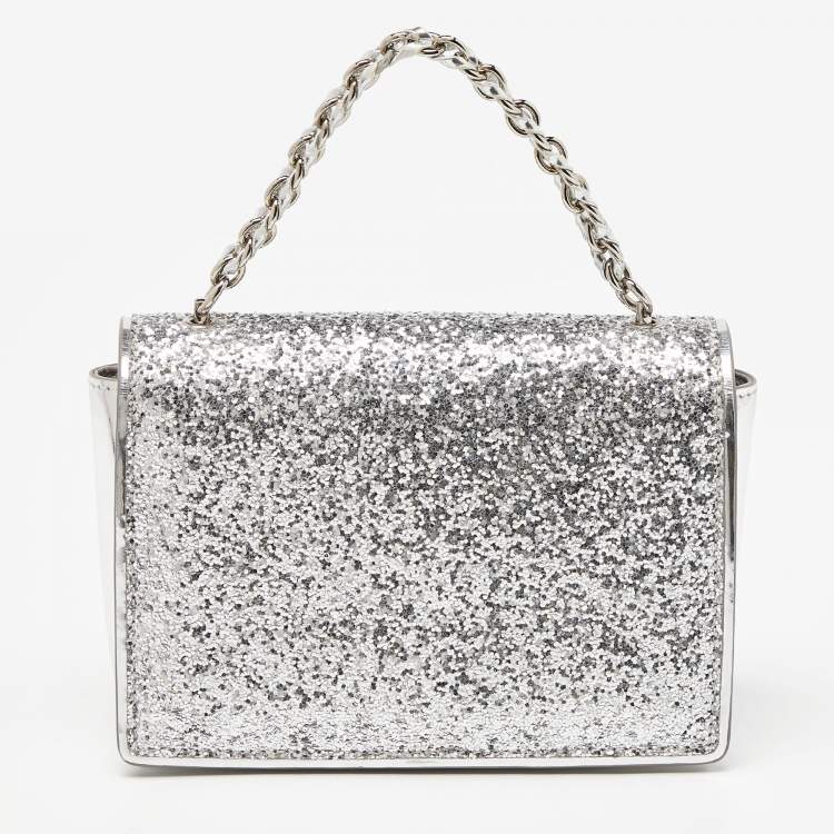 Pre Owned Salvatore Ferragamo Silver Glitter and Laminated Leather Top Handle Bag