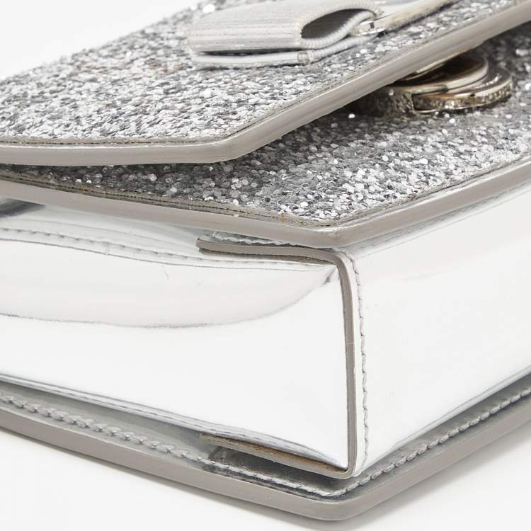 Pre Owned Salvatore Ferragamo Silver Glitter and Laminated Leather Top Handle Bag
