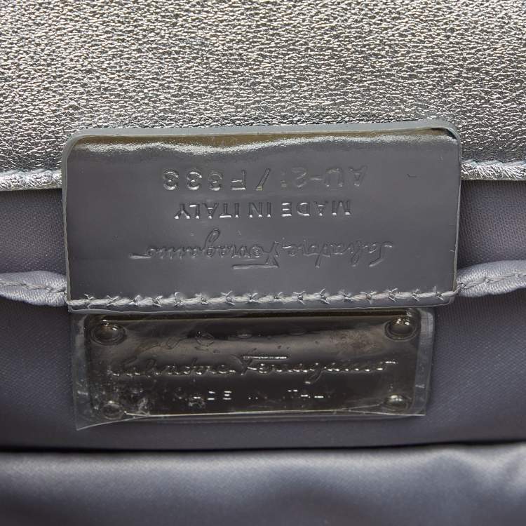 Pre Owned Salvatore Ferragamo Silver Glitter and Laminated Leather Top Handle Bag
