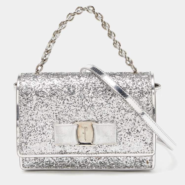 Pre Owned Salvatore Ferragamo Silver Glitter and Laminated Leather Top Handle Bag