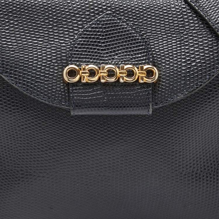 مملوكة مسبقًا Salvatore Ferragamo Navy Blue Lizard Embossed Leather Gancini Flap Crossbody Bag