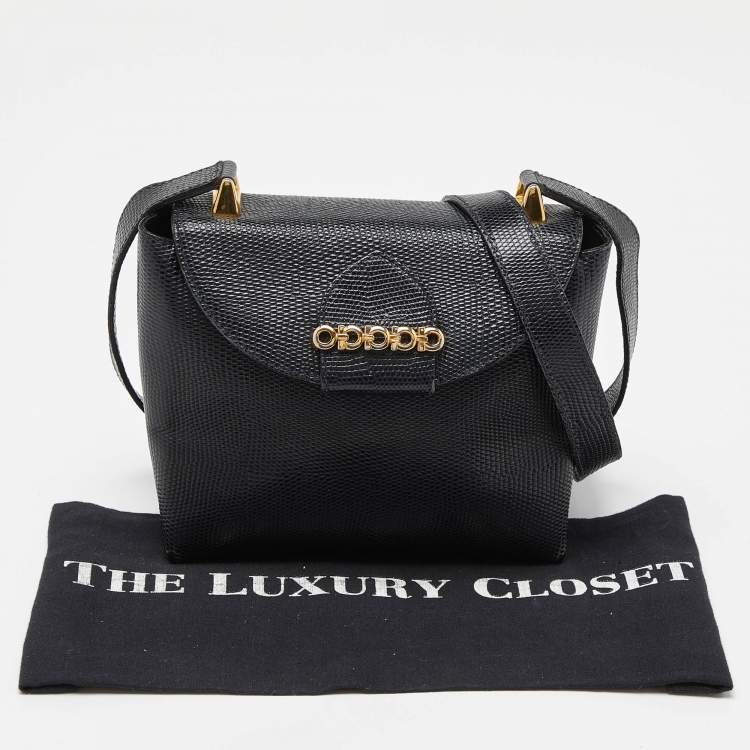 مملوكة مسبقًا Salvatore Ferragamo Navy Blue Lizard Embossed Leather Gancini Flap Crossbody Bag