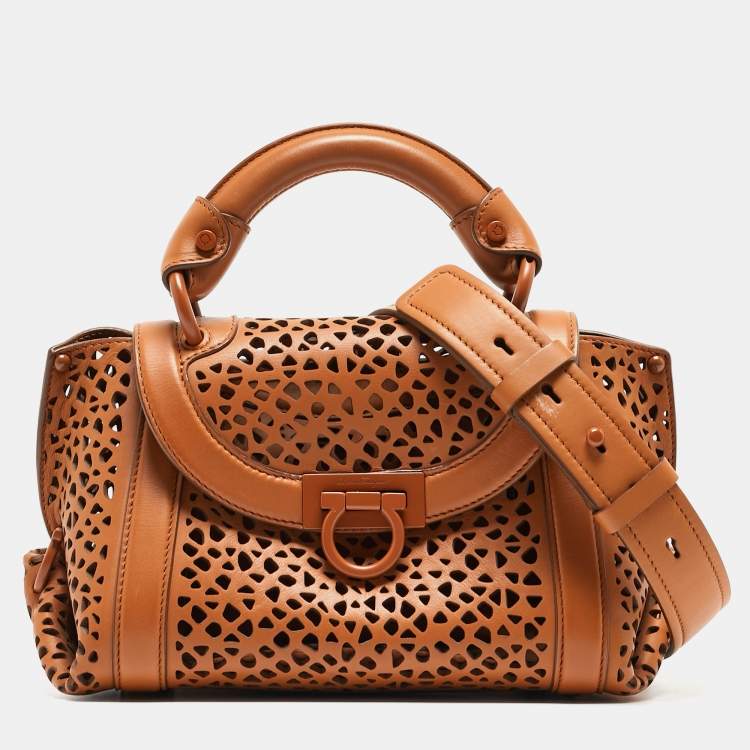 Pre Owned Salvatore Ferragamo Brown Laser Cut Leather Sofia Top Handle Bag