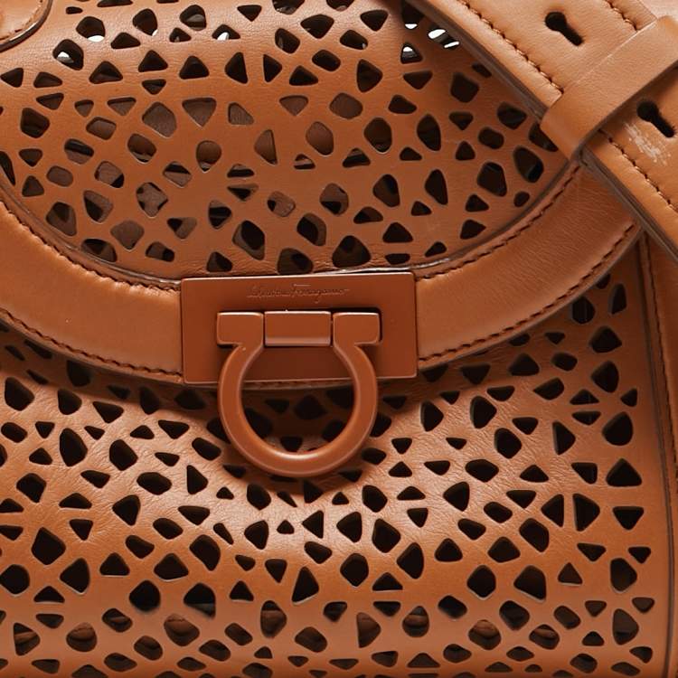 Pre Owned Salvatore Ferragamo Brown Laser Cut Leather Sofia Top Handle Bag