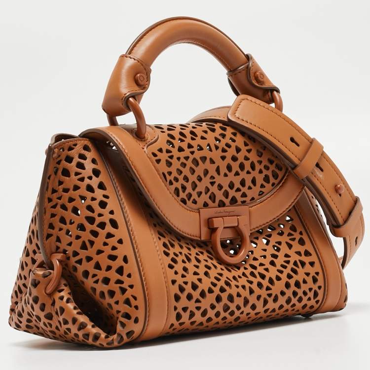 Pre Owned Salvatore Ferragamo Brown Laser Cut Leather Sofia Top Handle Bag