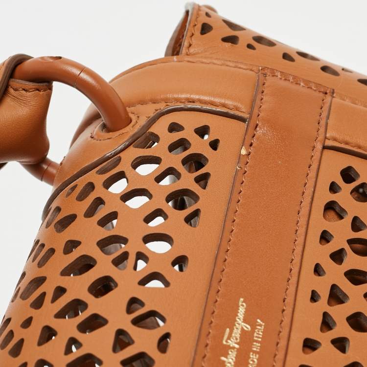 Pre Owned Salvatore Ferragamo Brown Laser Cut Leather Sofia Top Handle Bag