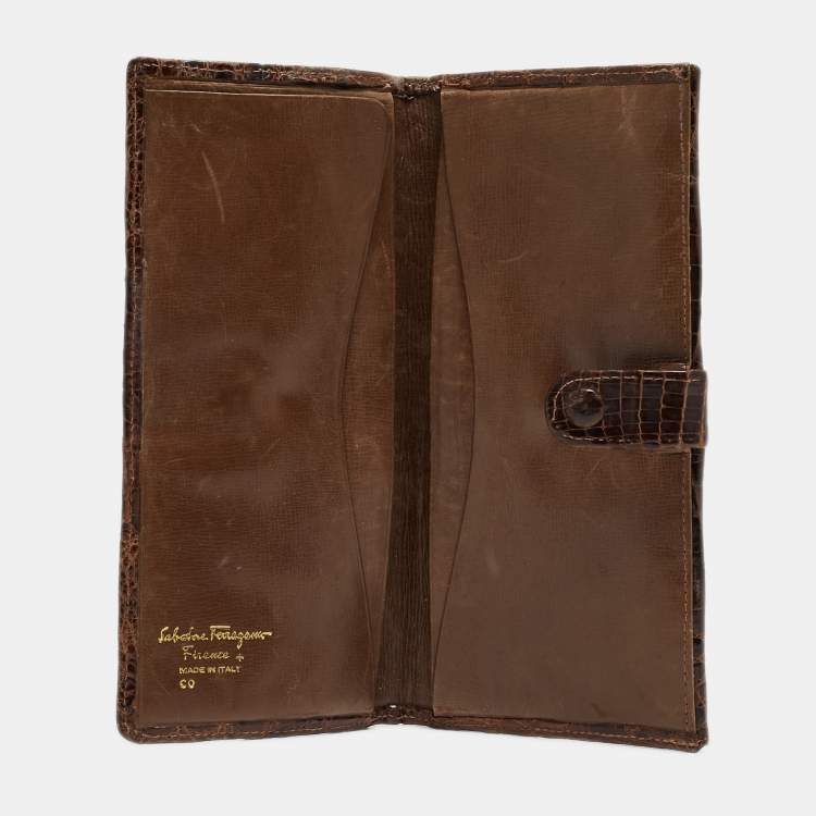Pre Owned Salvatore Ferragamo Dark Brown Crocodile Envelope Continental Wallet