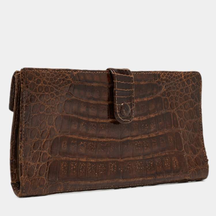 Pre Owned Salvatore Ferragamo Dark Brown Crocodile Envelope Continental Wallet