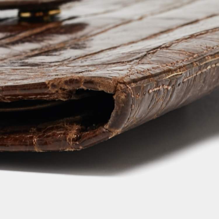 Pre Owned Salvatore Ferragamo Dark Brown Crocodile Envelope Continental Wallet