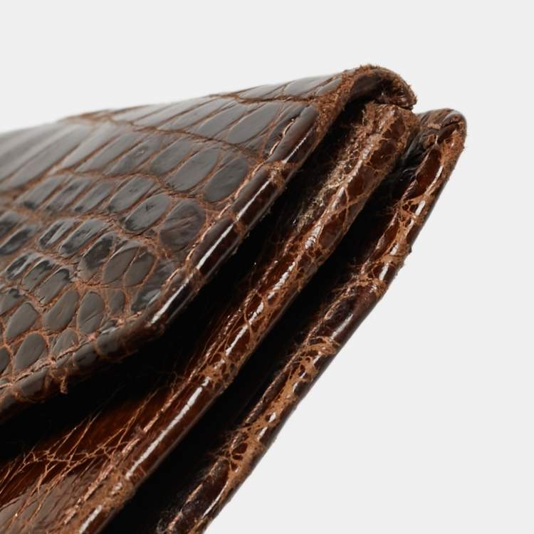 Pre Owned Salvatore Ferragamo Dark Brown Crocodile Envelope Continental Wallet