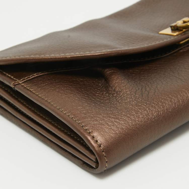 Pre Owned Salvatore Ferragamo Metallic Brown Leather Gancini Clasp Continental Wallet