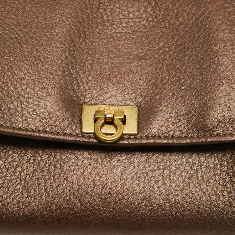 Pre Owned Salvatore Ferragamo Metallic Brown Leather Gancini Clasp Continental Wallet