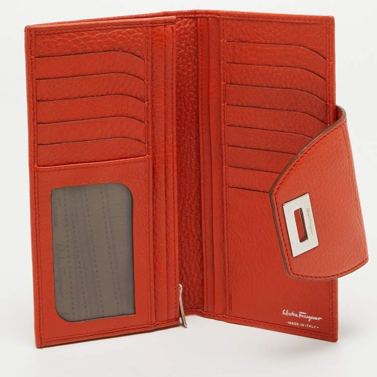 Pre Owned Salvatore Ferragamo Orange Leather Gancini Clasp Flap Wallet