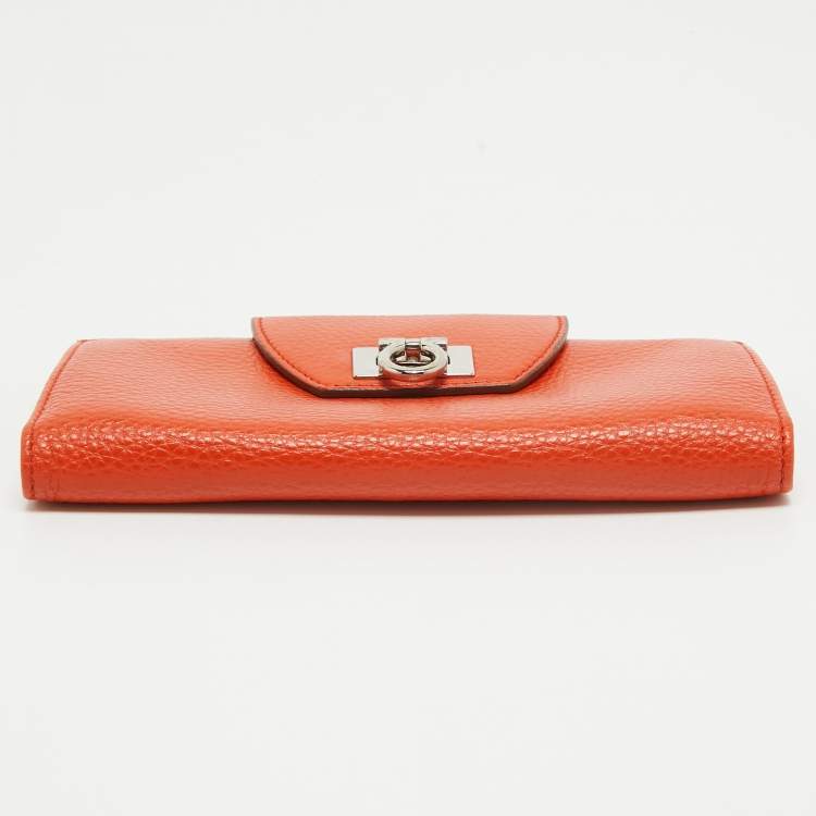 Pre Owned Salvatore Ferragamo Orange Leather Gancini Clasp Flap Wallet