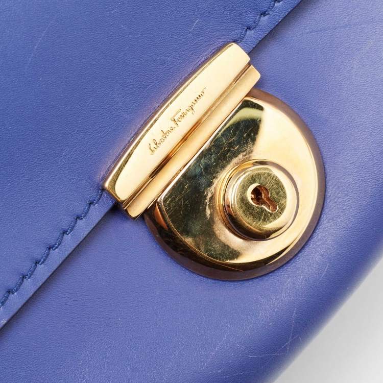 Pre Owned Salvatore Ferragamo Navy Blue Leather Fiamma Satchel