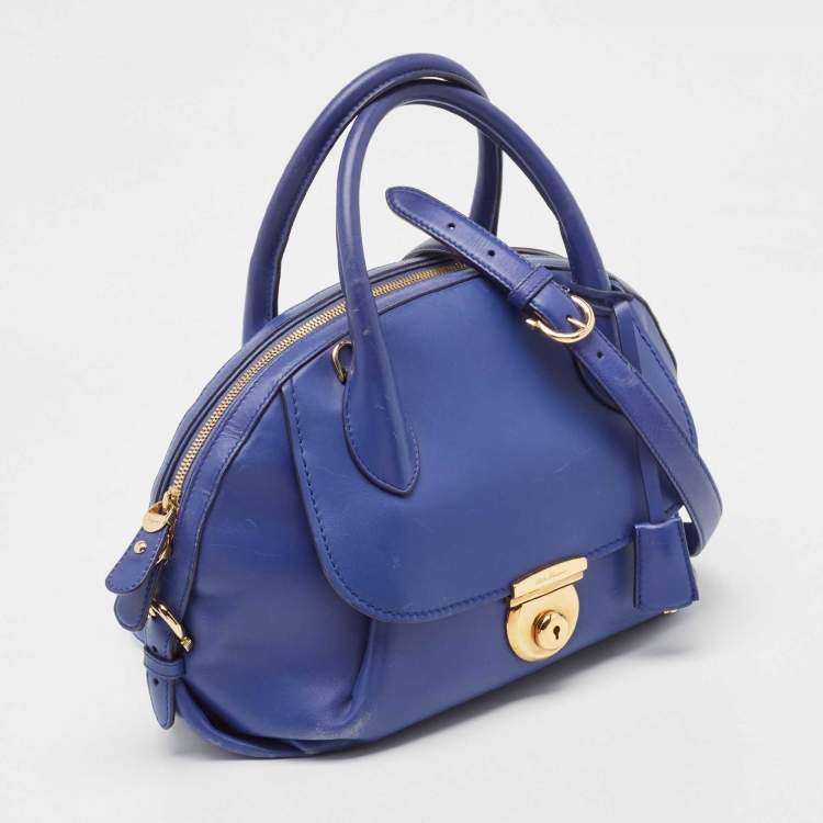 Pre Owned Salvatore Ferragamo Navy Blue Leather Fiamma Satchel
