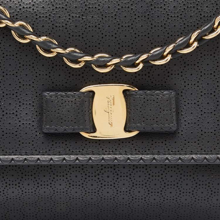 Pre Owned Salvatore Ferragamo Black Leather Vara Bow Chain Shoulder Bag