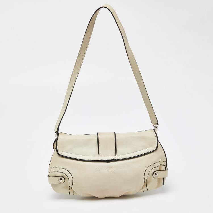 Pre Owned Salvatore Ferragamo Beige/Black Leather Flap Shoulder Bag