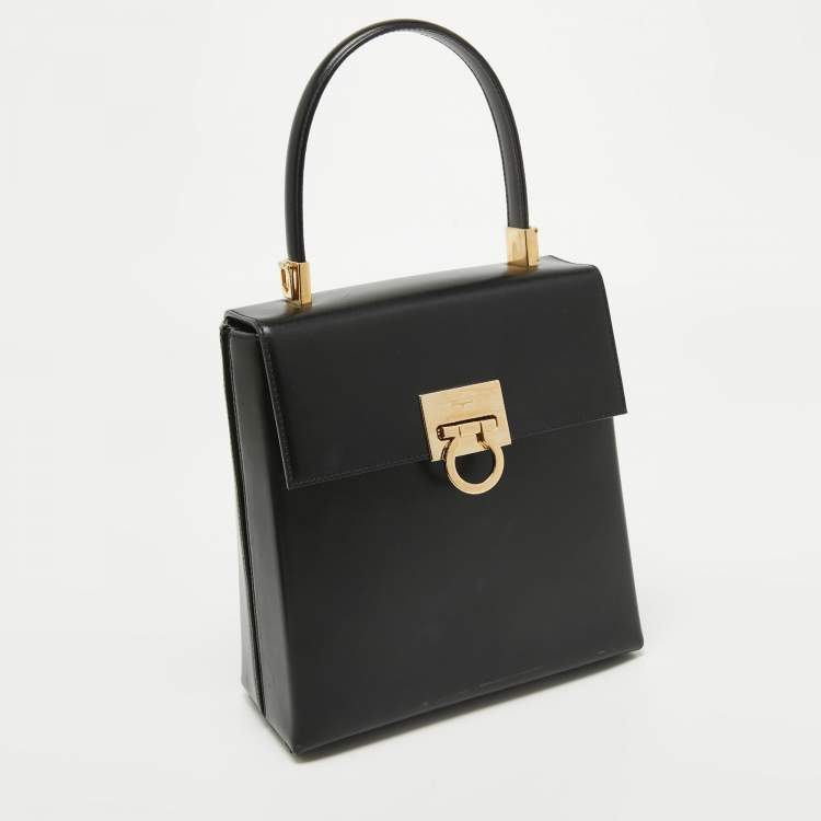 Pre Owned Salvatore Ferragamo Black Leather Gancini Top Handle Bag
