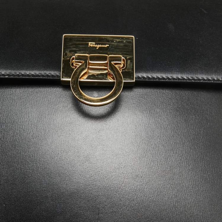Pre Owned Salvatore Ferragamo Black Leather Gancini Top Handle Bag