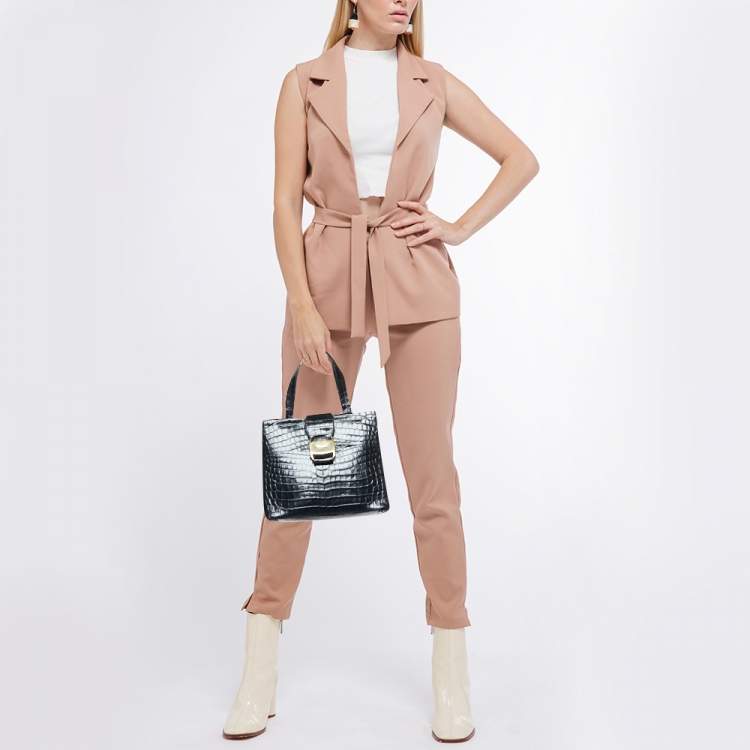 مملوكة مسبقًا Salvatore Ferragamo Black Croc Embossed Leather Tote