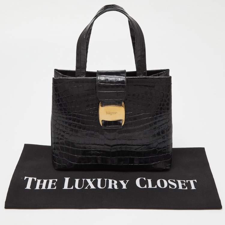 مملوكة مسبقًا Salvatore Ferragamo Black Croc Embossed Leather Tote