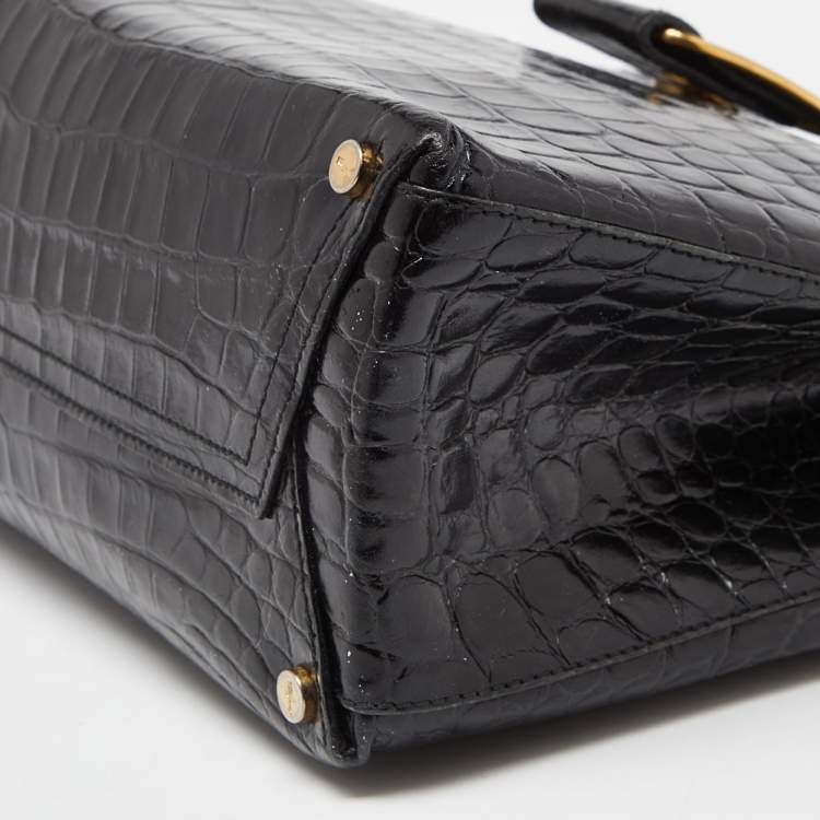 مملوكة مسبقًا Salvatore Ferragamo Black Croc Embossed Leather Tote
