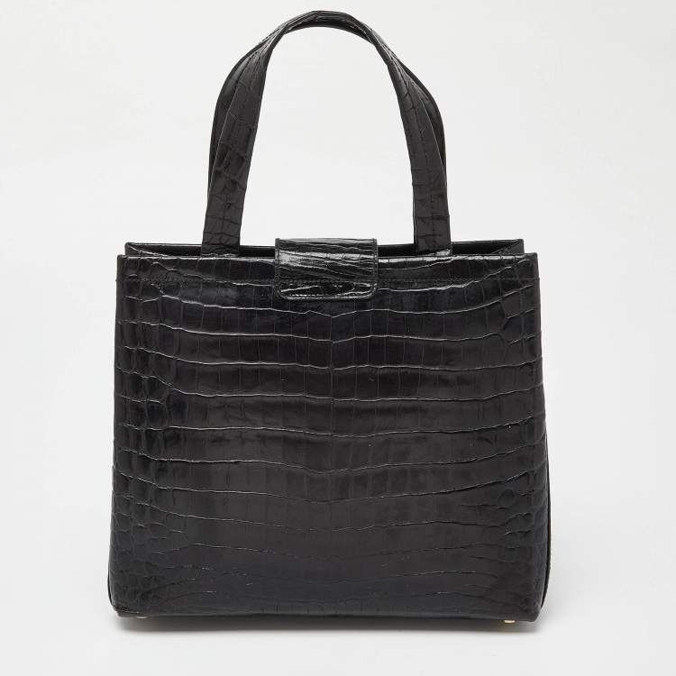 مملوكة مسبقًا Salvatore Ferragamo Black Croc Embossed Leather Tote