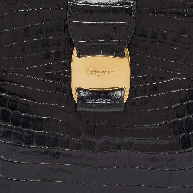 مملوكة مسبقًا Salvatore Ferragamo Black Croc Embossed Leather Tote