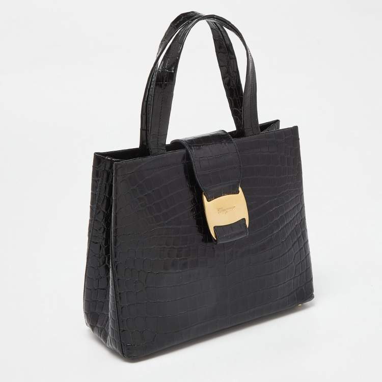 مملوكة مسبقًا Salvatore Ferragamo Black Croc Embossed Leather Tote