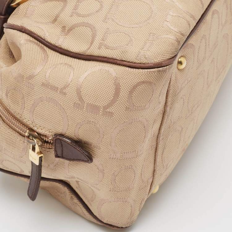 Pre Owned Salvatore Ferragamo Dark Brown/Beige Signature Canvas Satchel
