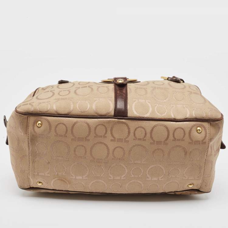 Pre Owned Salvatore Ferragamo Dark Brown/Beige Signature Canvas Satchel