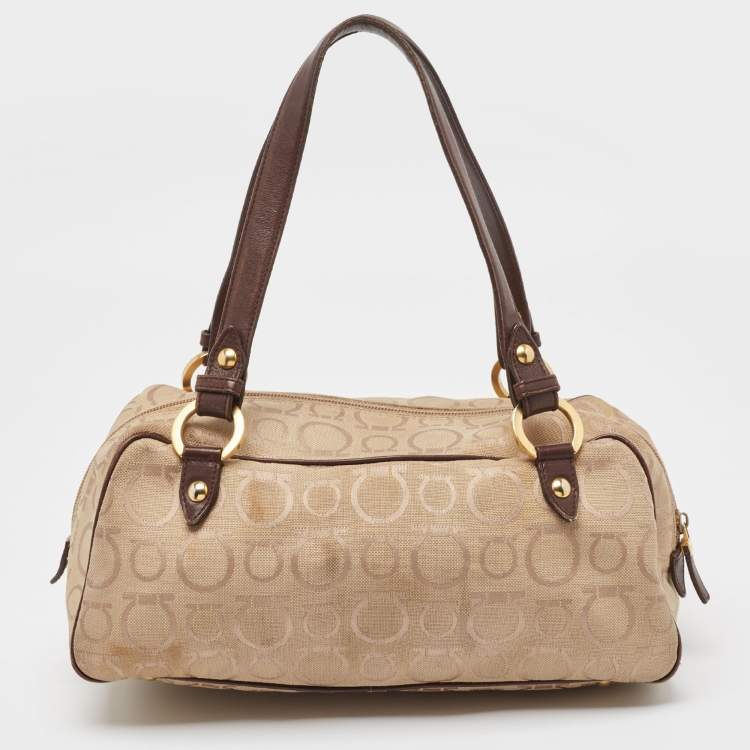 Pre Owned Salvatore Ferragamo Dark Brown/Beige Signature Canvas Satchel