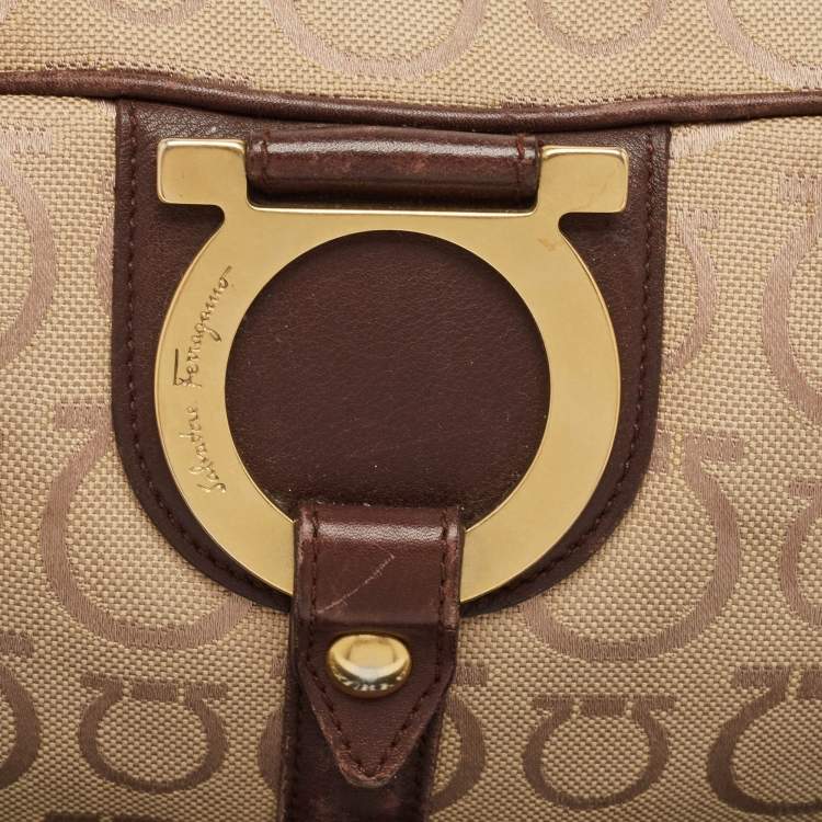 Pre Owned Salvatore Ferragamo Dark Brown/Beige Signature Canvas Satchel