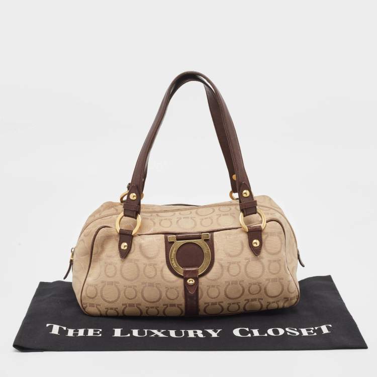 Pre Owned Salvatore Ferragamo Dark Brown/Beige Signature Canvas Satchel