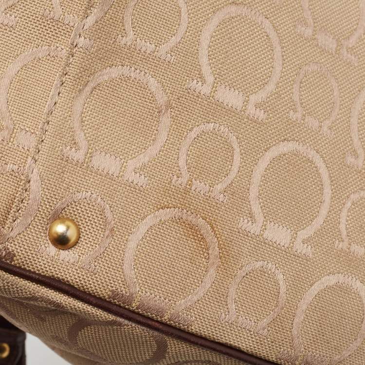 Pre Owned Salvatore Ferragamo Dark Brown/Beige Signature Canvas Satchel